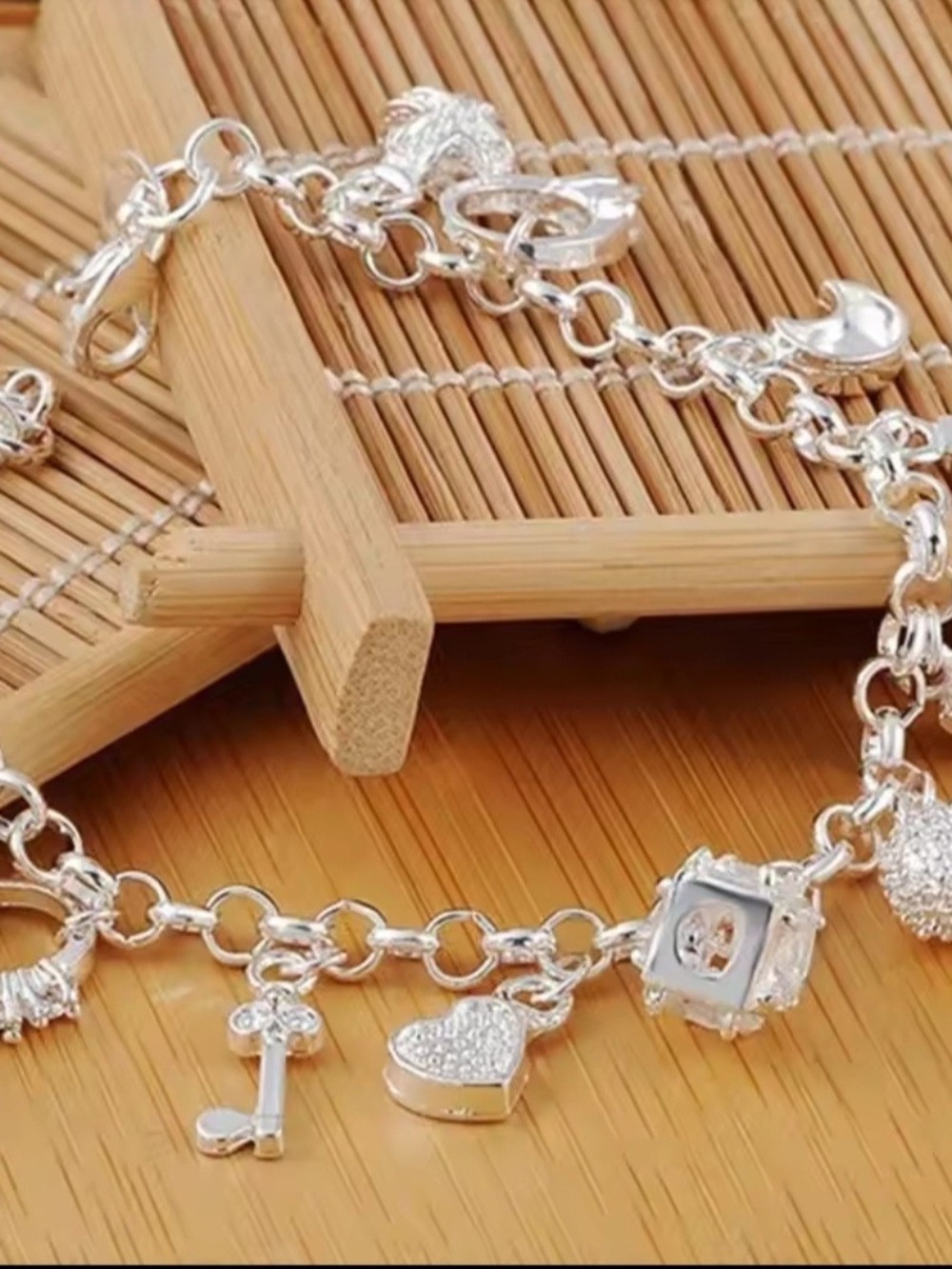 Sterling Silver Charm Bracelet Ring Set Silver - Picture 4 of 7